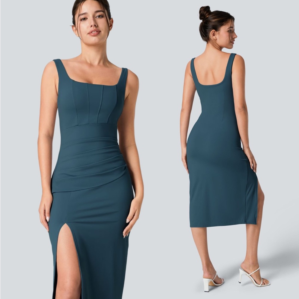 NWT- HALARA Teal Scoop-Neck Bodycon Midi Dress